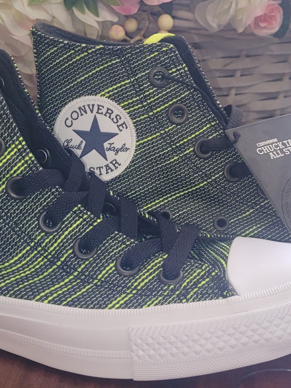 Converse Chuck Taylor All Star High Top Sneakers - Black & Neon Green Stripe